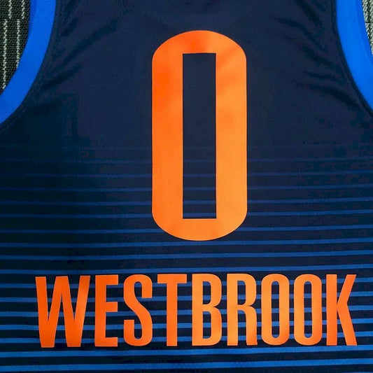 Camisa masculina Russell Westbrook Swingman azul marinho – Edição Statement