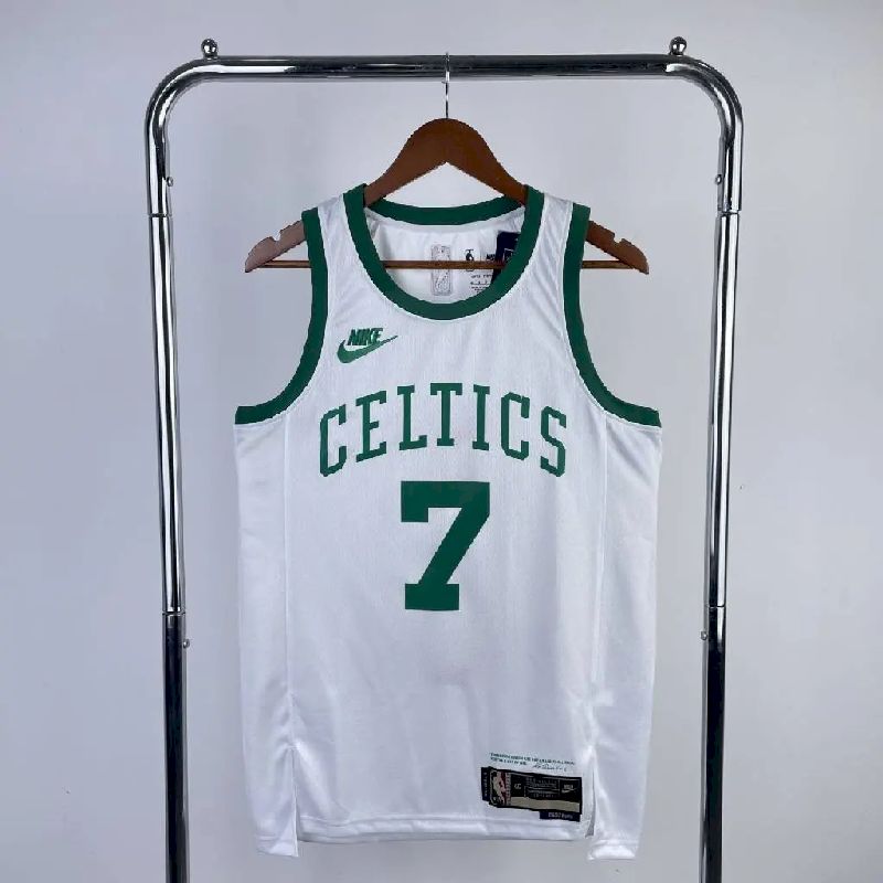 Camisa masculina Jaylen Brown branca retrô – edição de 75º aniversário
