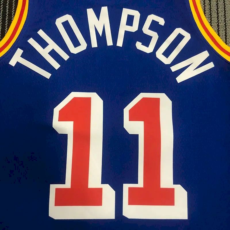 Camisa masculina azul Klay Thompson 2021-22 comemorativa do 75º aniversário – Edição Clássica