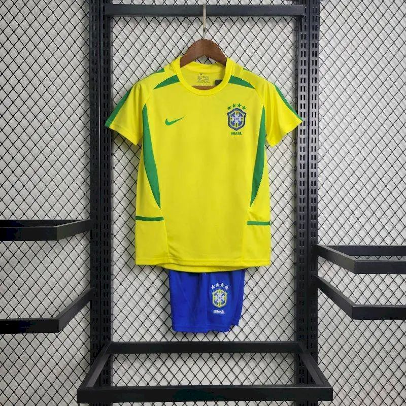 Brazil 2002 Home Kids Retro Jersey And Shorts