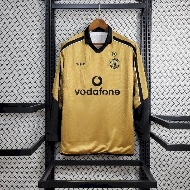 Camisa retrô reversível de manga comprida Manchester United Centenary 2001/02, reserva e terceiro uniforme