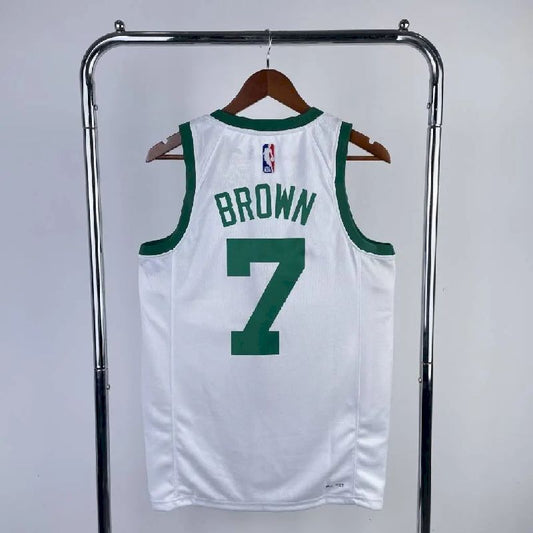 Camisa masculina Jaylen Brown branca retrô – edição de 75º aniversário