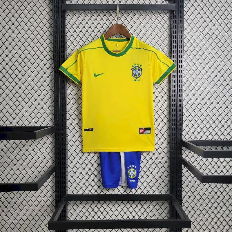 Brazil 1998 Home Kids Retro Jersey And Shorts