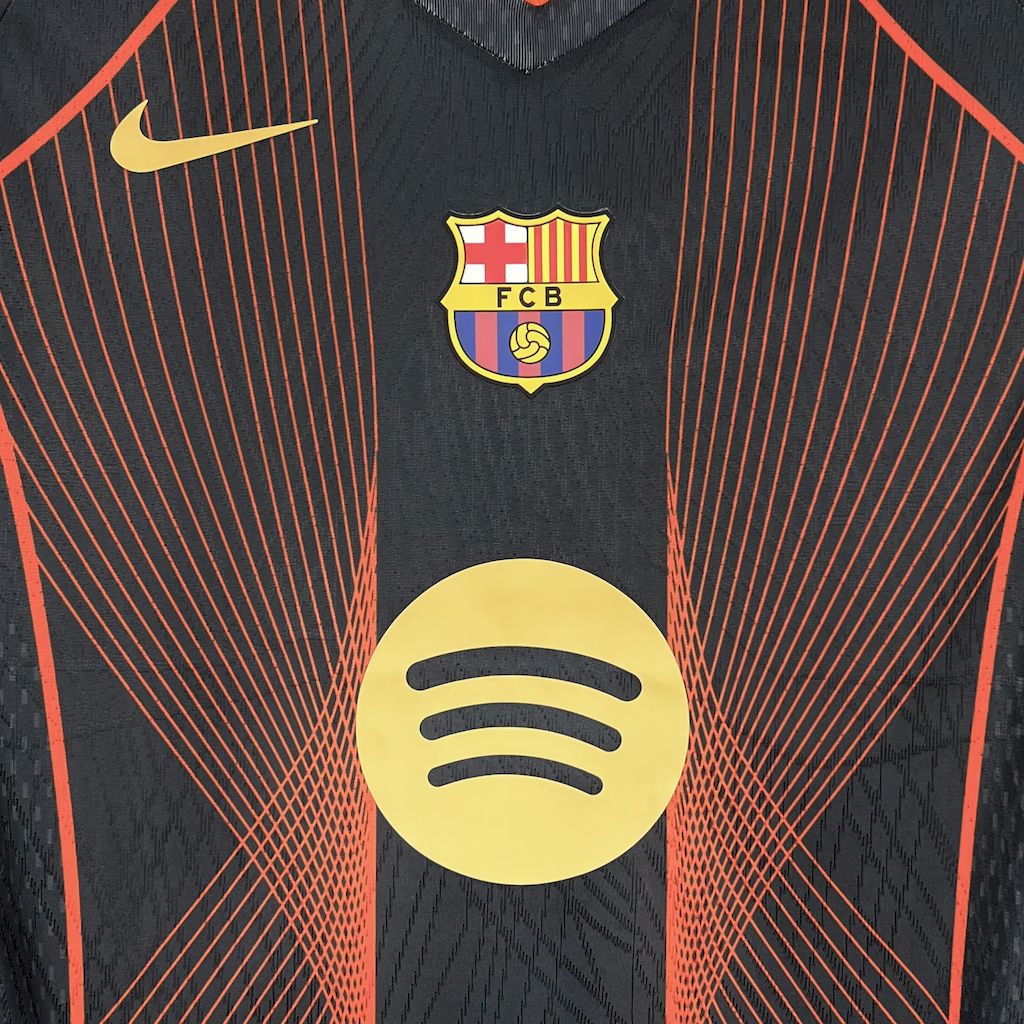 Camisa Barcelona 2025/26 preta laranja edição especial (Com Liga dos Campeões)