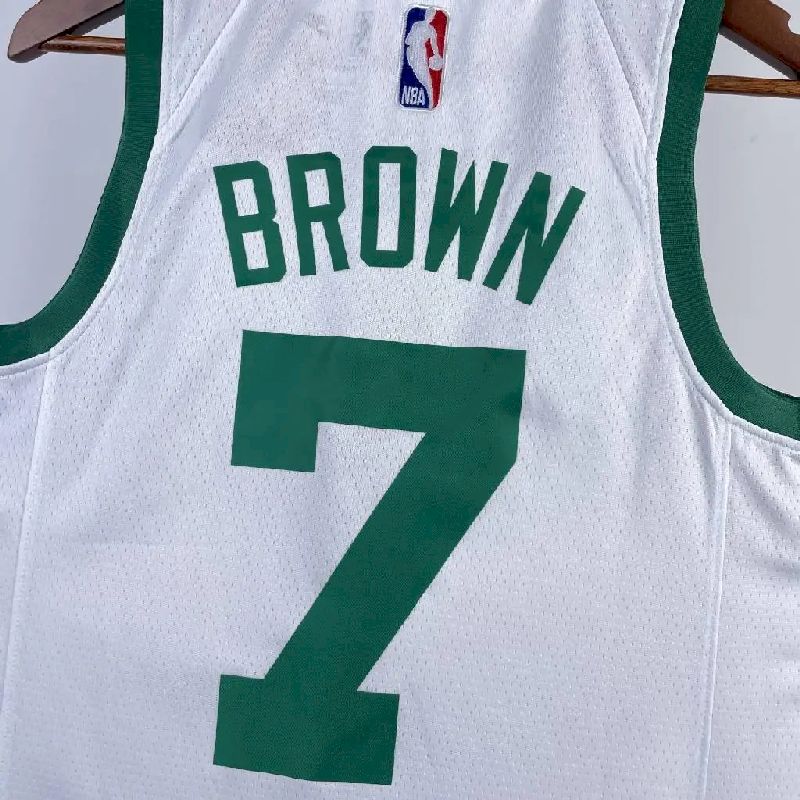 Camisa masculina Jaylen Brown branca retrô – edição de 75º aniversário