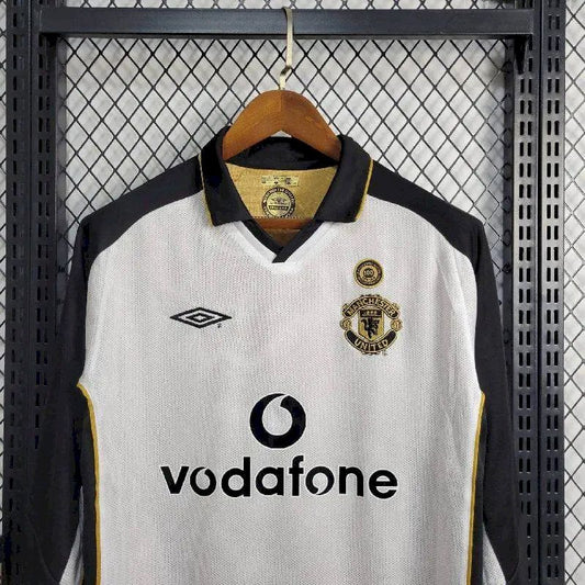 Camisa retrô reversível de manga comprida Manchester United Centenary 2001/02, reserva e terceiro uniforme
