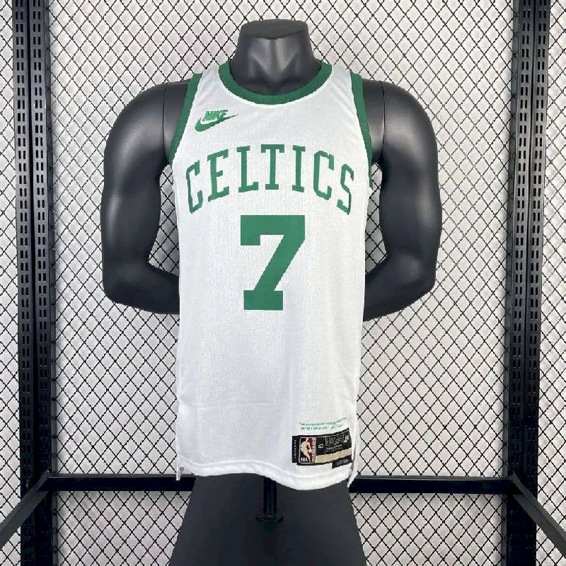 Camisa masculina Jaylen Brown branca retrô – edição de 75º aniversário