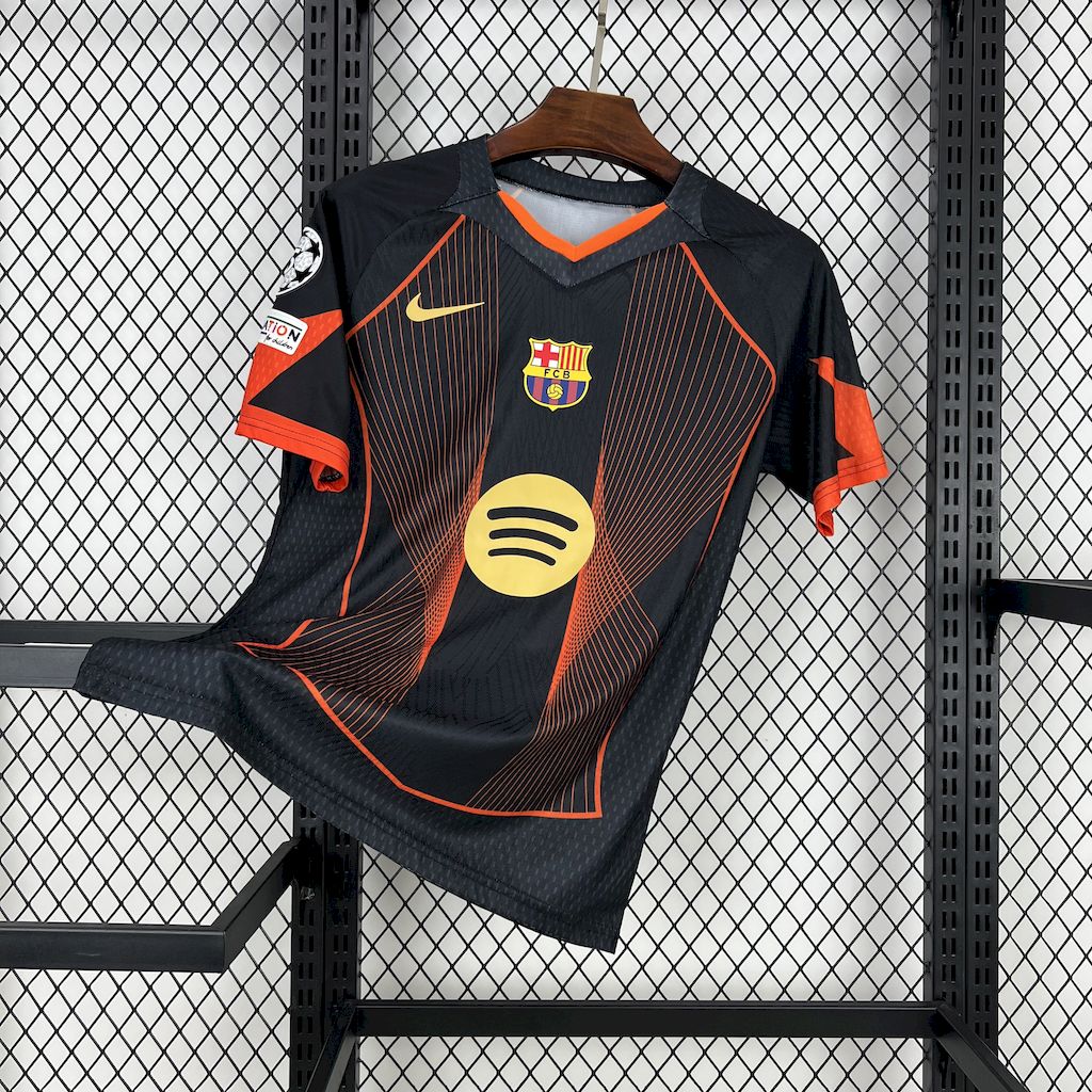Camisa Barcelona 2025/26 preta laranja edição especial (Com Liga dos Campeões)
