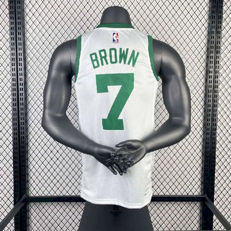 Camisa masculina Jaylen Brown branca retrô – edição de 75º aniversário