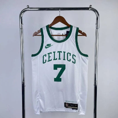 Camisa masculina Jaylen Brown branca retrô – edição de 75º aniversário