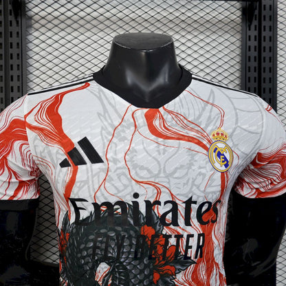 Camisa Real Madrid 2025/26 Branca e Preta Dragão Edição Especial Versão Jogador