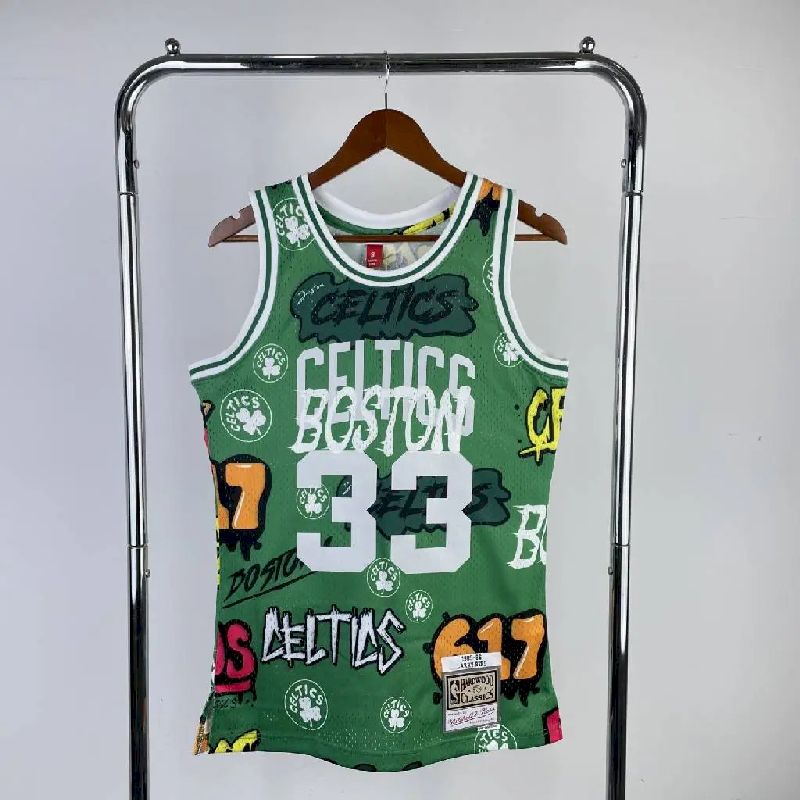Camisa masculina M&amp;N 1985/86 Larry Bird verde retrô