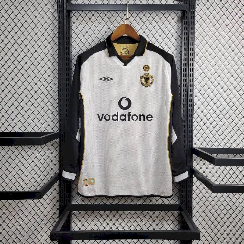 Camisa retrô reversível de manga comprida Manchester United Centenary 2001/02, reserva e terceiro uniforme
