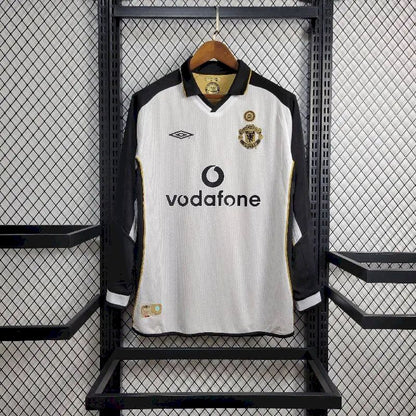 Camisa retrô reversível de manga comprida Manchester United Centenary 2001/02, reserva e terceiro uniforme