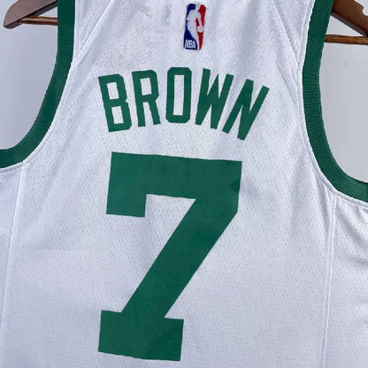 Camisa masculina Jaylen Brown branca retrô – edição de 75º aniversário