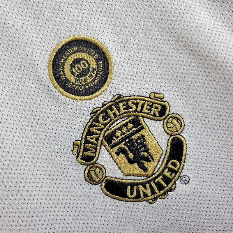 Camisa retrô reversível de manga comprida Manchester United Centenary 2001/02, reserva e terceiro uniforme