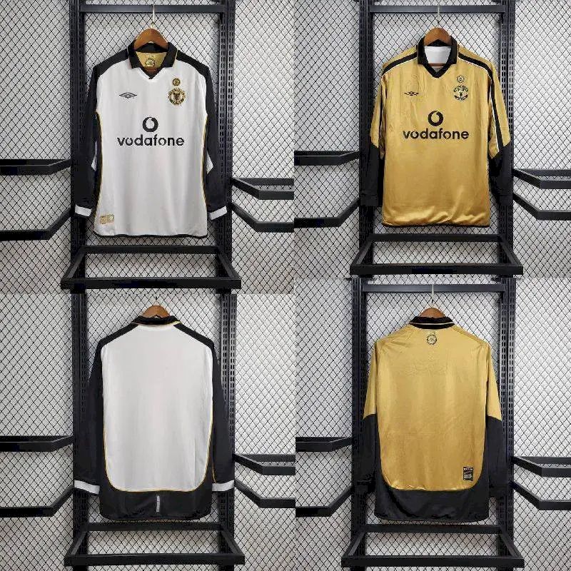 Camisa retrô reversível de manga comprida Manchester United Centenary 2001/02, reserva e terceiro uniforme