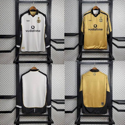Camisa retrô reversível de manga comprida Manchester United Centenary 2001/02, reserva e terceiro uniforme