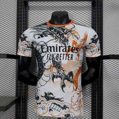 Camisa Real Madrid 2025/26 Preto e Branco Versão Dragão Versão Jogador