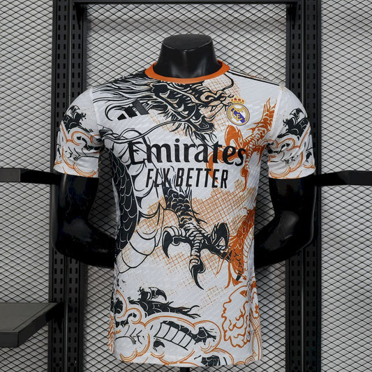 Camisa Real Madrid 2025/26 Preto e Branco Versão Dragão Versão Jogador