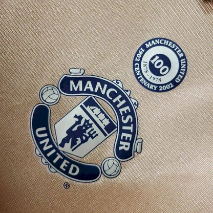 Camisa retrô reversível de manga comprida Manchester United Centenary 2001/02, reserva e terceiro uniforme