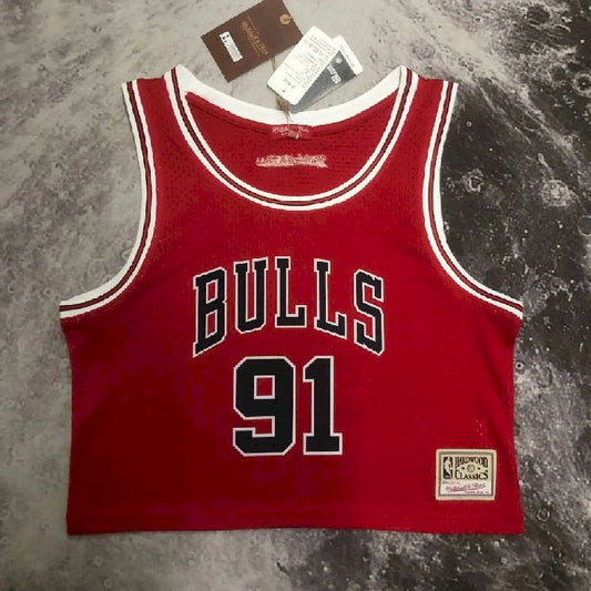 Camisa feminina M&amp;N Dennis Rodman vermelha retrô