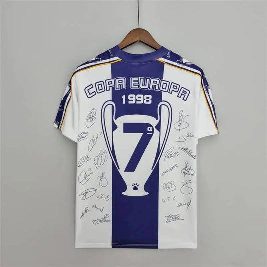 Camisa retrô comemorativa dos 7 Campeões da Liga dos Campeões do Real Madrid 1997/98