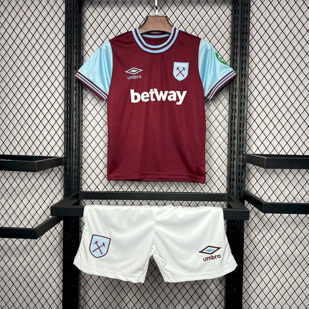 Kit infantil West Ham United 2024/25 em casa com patrocinadores