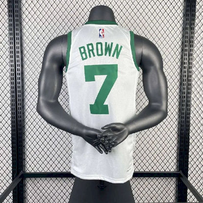 Camisa masculina Jaylen Brown branca retrô – edição de 75º aniversário