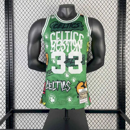 Camisa masculina M&amp;N 1985/86 Larry Bird verde retrô